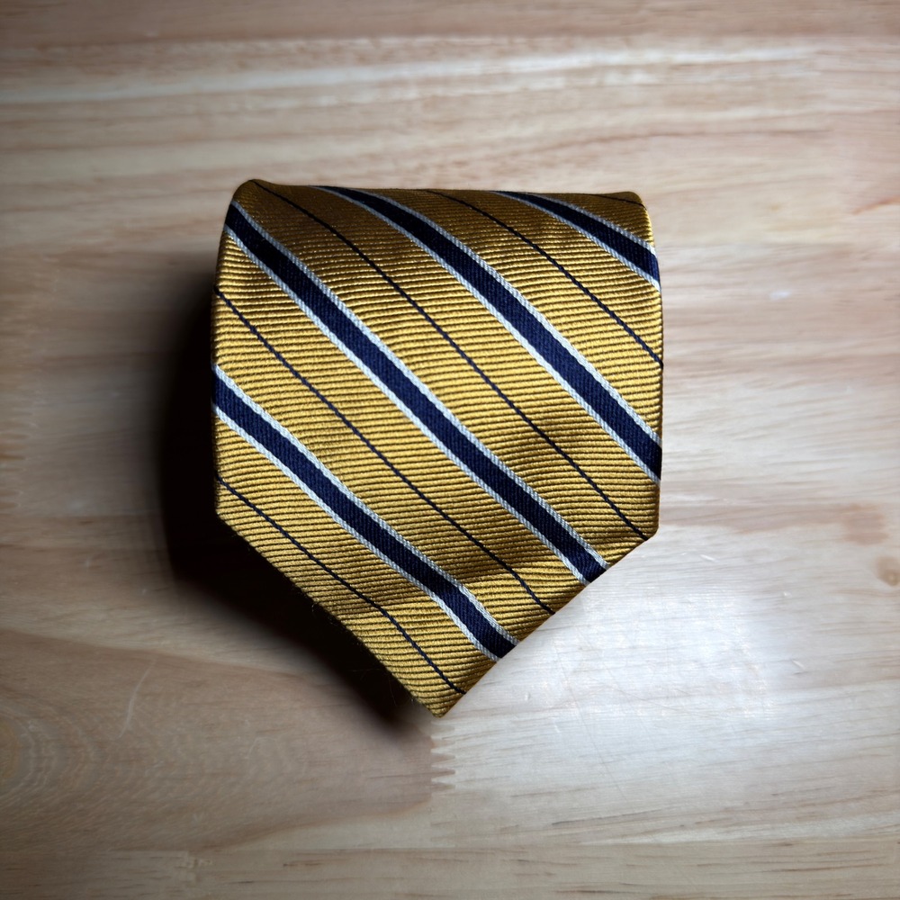Brooks Brothers Necktie Mens Gold Blue Repp Striped Silk England Fabric USA Made